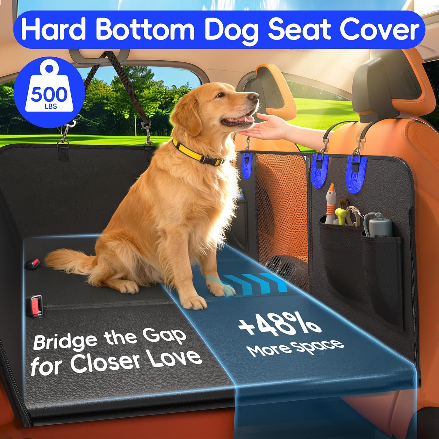 2-In-1 Heavy-Duty Hard Bottom Dog Hammock for Car, 100% Waterproof PU Leather Backseat Cover, Zipper Side Flaps, Non-Slip Extender for Large/Elderly Dogs & Multi-Dog Families,Fits Sedan/SUV/Med.Truck