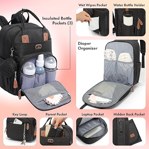 Miniatura 4 de Dikaslon - Mochila para pañales con cambiador portátil, funda para chupete y correas para cochecito, bolsas de bebé unisex grandes para niños y
