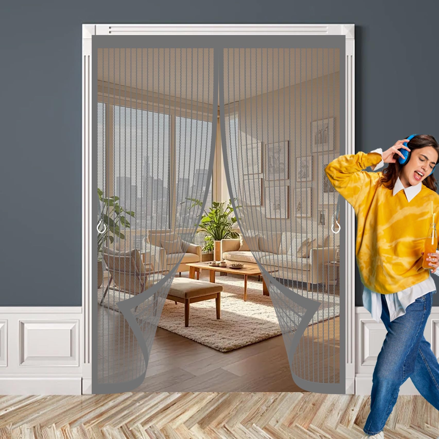 Xueqxue Grey Magnetic Fly Screen Door 145 X 216 Cm With Powerful Magnets & Full Frame Magic Tape, Keep Bugs Out & Lets Fresh Air In Screen Door Fly For Patio Doors Bedroom,