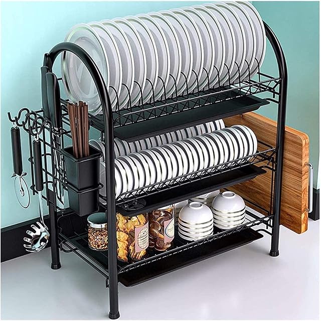 Kitchen Drain Rack Dish Rack and Drainboard SetLarge Dish Drainer with Utensil/Knife/Cutting Board Holder and 4 Hooks,Kitchen Countertop Storage Organizer, Three-LayerBlack 0121