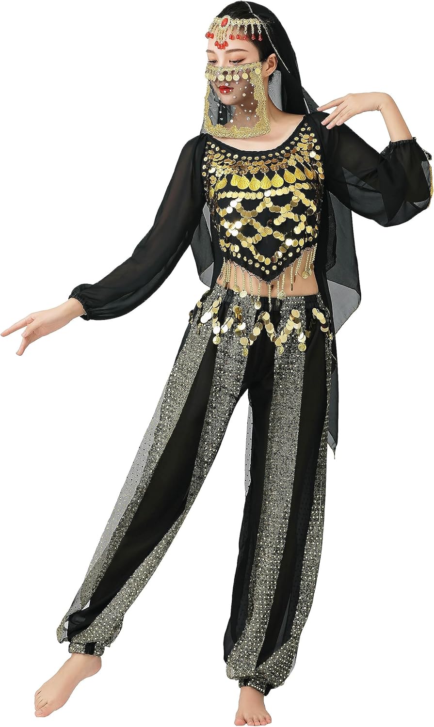 Lauthen.S Women Belly Dance Outfit Coins Top Pants Face Veil Set Halloween Costume - Image 5