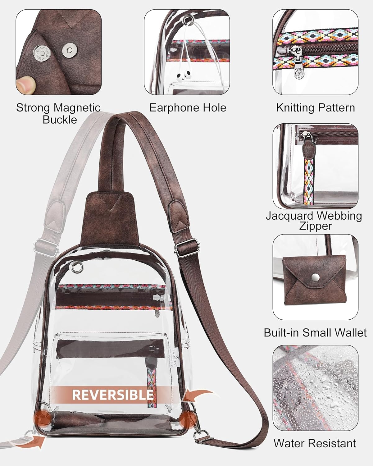 FADEON Large Clear Bag for Stadium Events, Transparent Purse Designer See Through Women's Crossbody Sling Bags Concerts Sports - Image 5