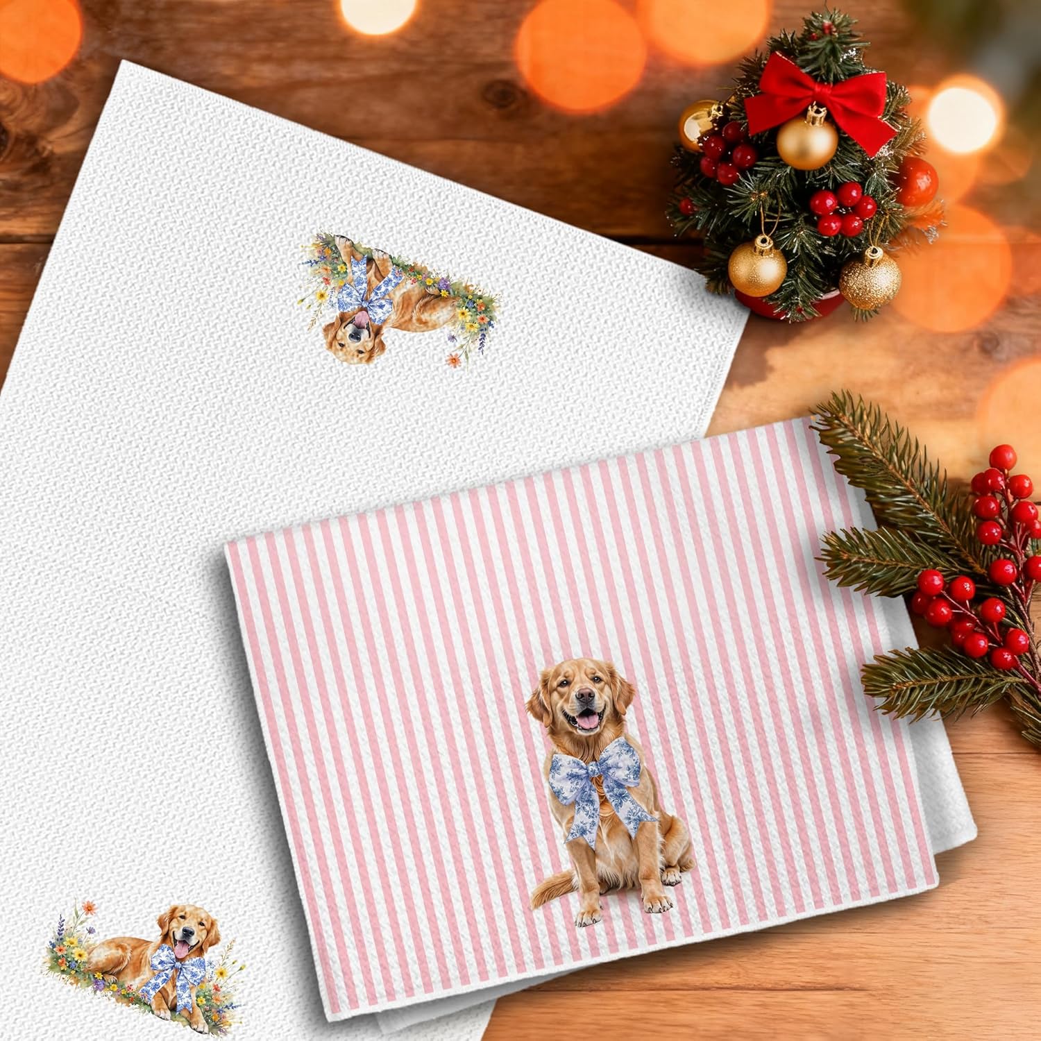 Golden Retriever Gifts Kitchen Towels, Pink and White Chinoiserie Bow Golden Retriever Dish Tea Towels, Grandmillennial Floral Dog Decorative Hand Towel for Bathroom, 16x24 Inch Set of 2 - Image 6