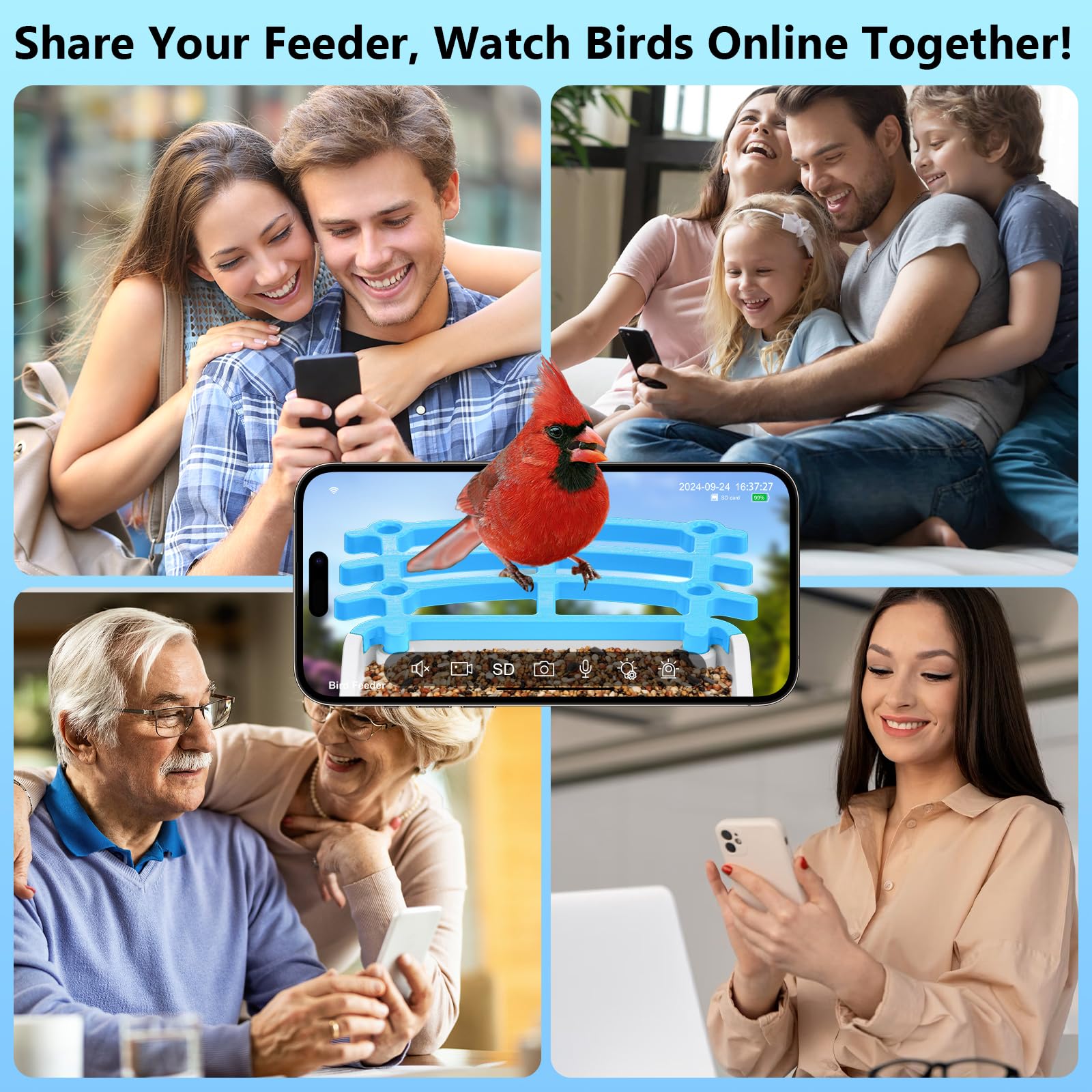 Smart Bird Feeder mit Kamera, AI Vogelarten Identifizierung Solarbetriebenes Panel, 2.5k HD Video Vogelhaus mit Kamera für Außengarten, Ideale Geschenke für Liebhaber, Blau