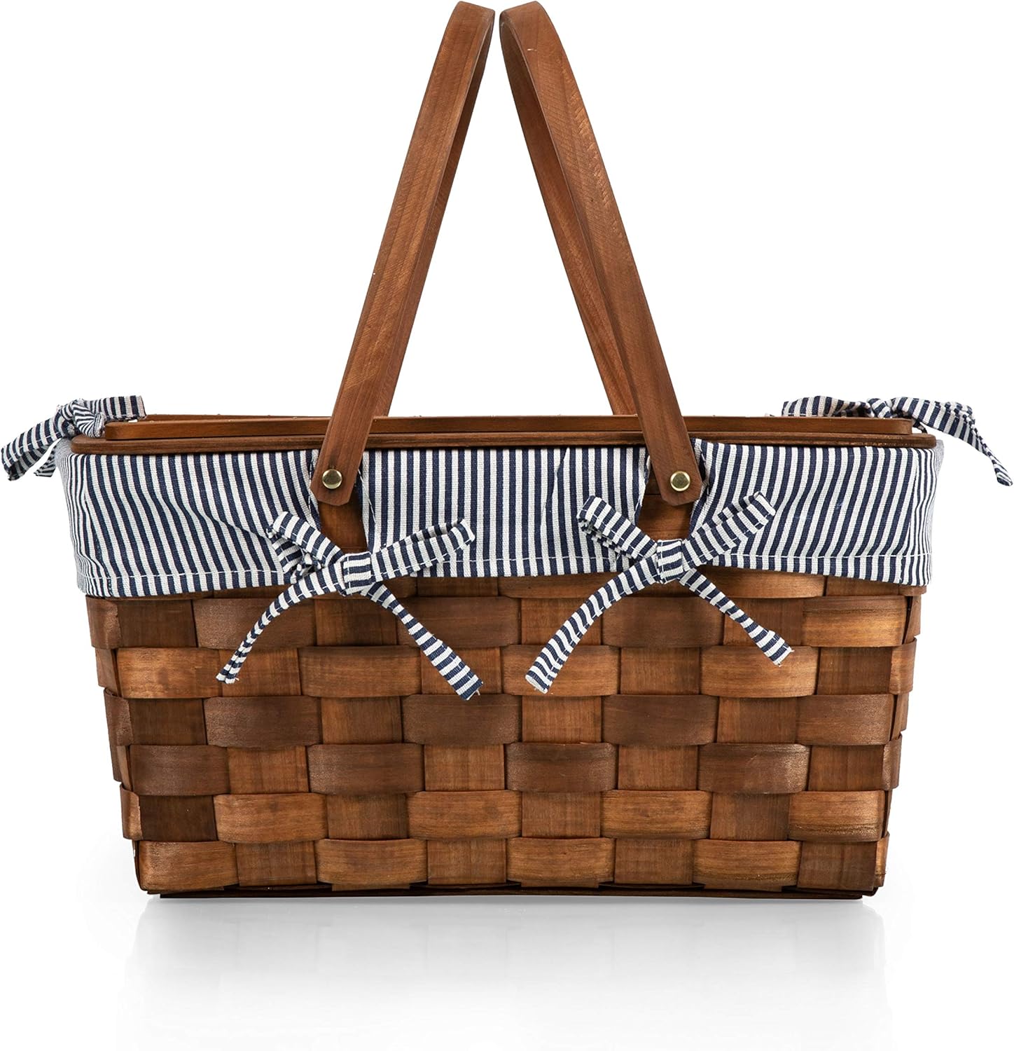 PICNIC TIME Kansas Handwoven Wood Picnic Basket, Sturdy Woven Wicker Basket with Tabletop Lid and Removable and Washable Polycotton Vintage-Style Liner, (Navy Blue & White Stripe)