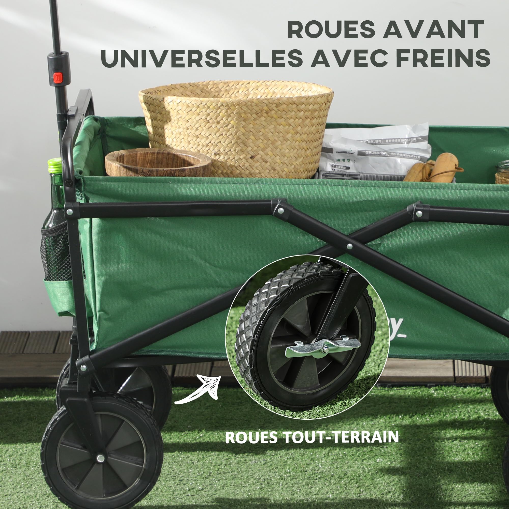 Outsunny Chariot de Transport Pliable à Roues Tout-Terrain avec Freins, Chariot de Campings avec Poignée en Acier, pour Plage Jardin Extérieur, Charge 40kg, 120L, Vert Foncé