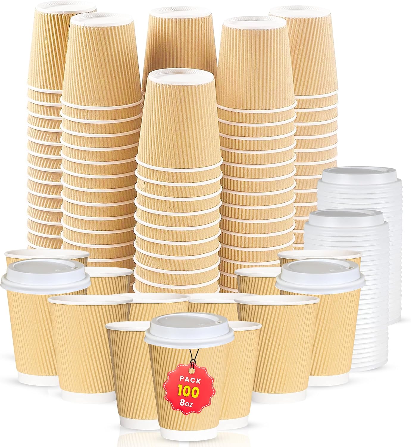 CHEF ROYALE 100 x 8oz Disposable Coffee Cups with Lids - Takeaway Paper ...