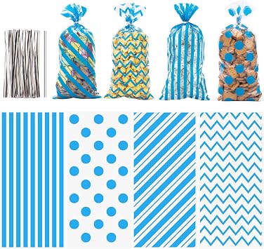 Aubeco 120 Pack 10.6x5.1 Inch Cellophane Treat Bags with Ties - Polka & Blue Stripes Candy Gift Baggies for Birthday, Wedding Party Favors, Snack Packing Supplies