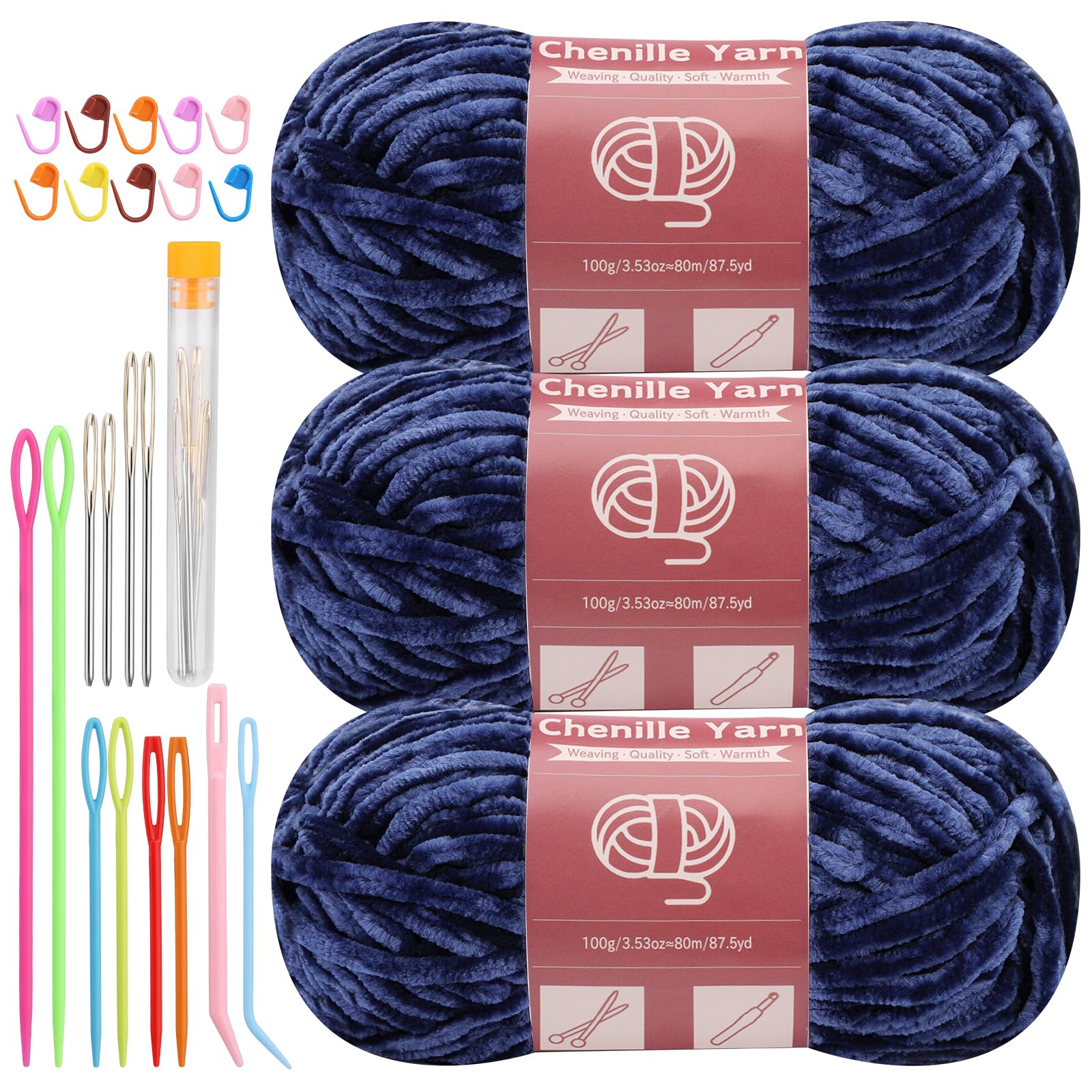 LUNARM Chenille Yarn 3 Pack 3.5oz Chunky Blanket Velvet Yarn 263 Yard | Dark Blue Chunky Chenille Yarn for Beginners Crocheting Hand Knitting Scarves with Big Eye Needles Machine Washable