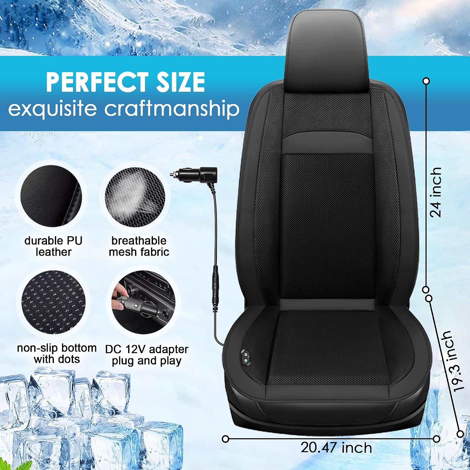 12V Ventilated Cooling Car Seat Cover Front Seat, AC Cooling Car Seat Cushion with Massage, 16 Fans Seat Cooler with Auto Start/Stop & 3 Adjustable Wind Speeds, 1PCS (Black, Cooling Massage)