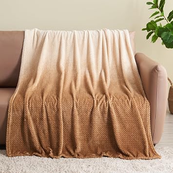 NEWCOSPLAY Fleece Leaves Pattern Throw Blanket, Ombre Brown, 50"x60" | Super Soft Throw Blanket, Lightweight Cozy Bed Sofa Blanket, Premium Silky Flannel Fleece, Travel Blanket for All Season Use