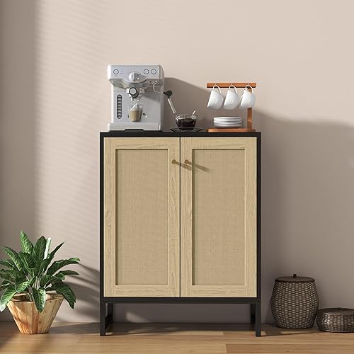 Miniatura 9 de Panana Ratán decorado 2 puertas Gabinete de almacenamiento Gabinete de acento Sala de estar Armario Cocina Aparador Buffet Mesa (blanco)