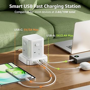 Cube Extension Lead with USB Slots, 4 Way Multi Plug Extension Socket with 3 USB C 3 USB A(13A/3250W) Tower Power Strip with 4 Independent Switches 3M Extension Cords for Desk Home Office Travel