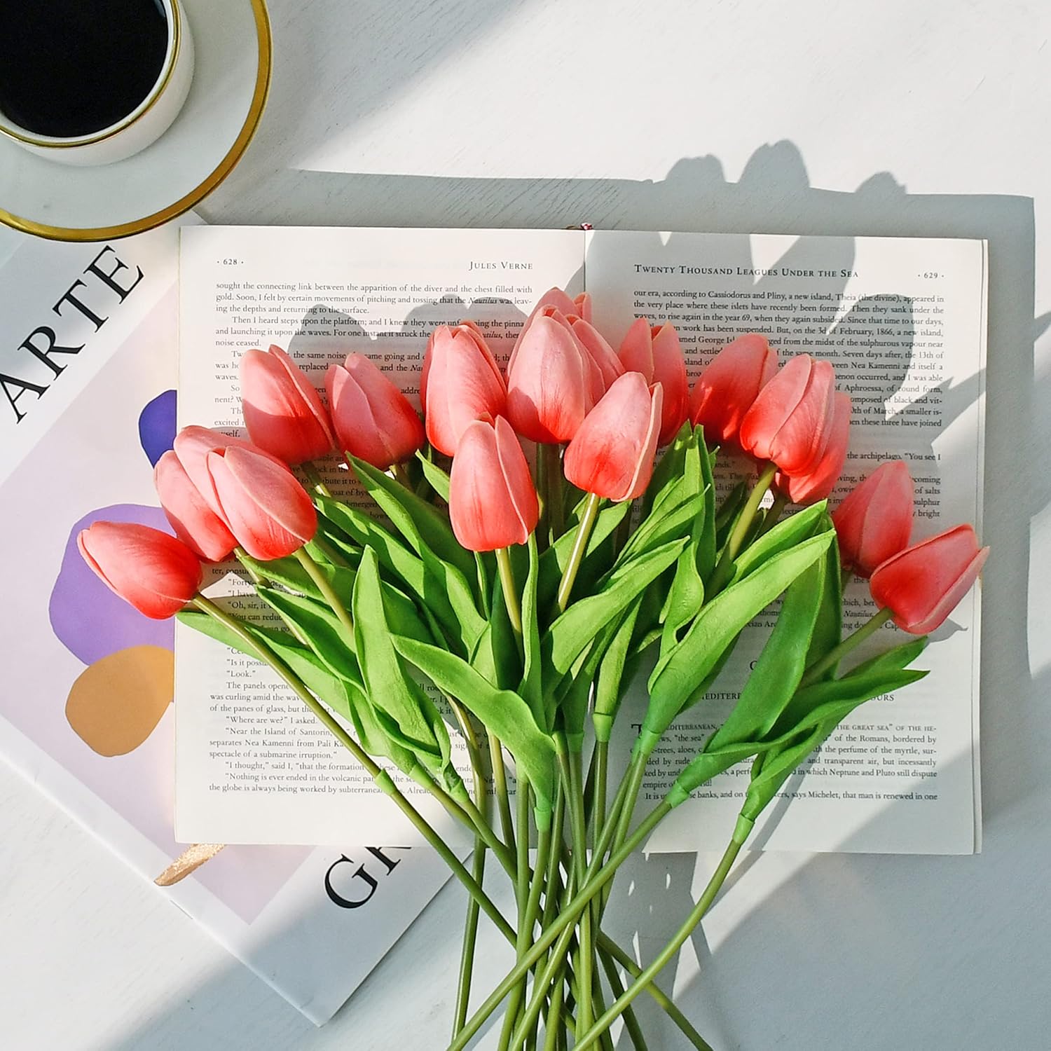 ONLY ART Artificial Coral Tulips 20 Pcs – 13.5 Inch PU Faux Flowers with Bendable Stems for Home Décor, Wedding Centerpieces, DIY Floral Arrangements, New Year and Valentine's Day - Image 5