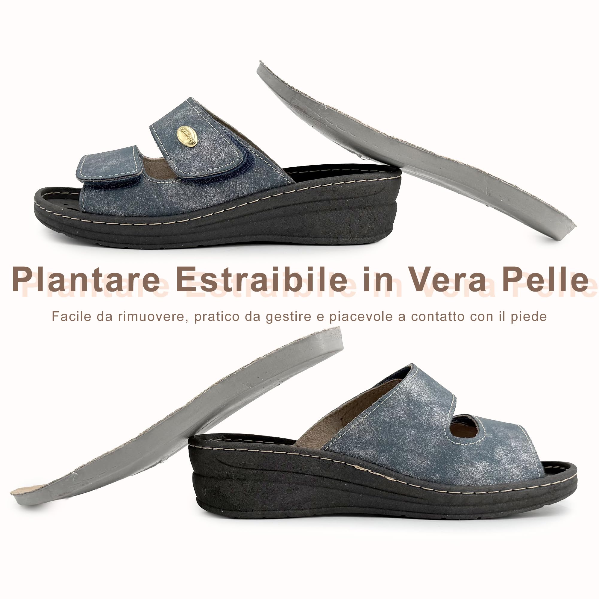 JOMIX Ciabatte Donna Ortopediche con Strappo Pantofole Estive Anatomiche Ergonomiche Plantare Estraibile in Vera Pelle Sandali Comidi Regolabili con Zeppa per Anziana e Piedi Sensibili