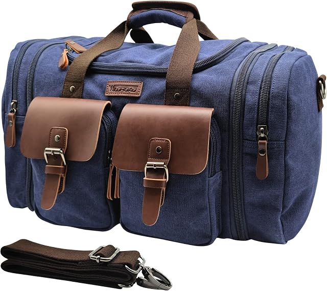 Wildroad Expandable Canvas Travel Duffle Bag,50L Large Duffel Bag for Men with Multi-Pockets,Overnight Weekend Bag,Unisex Holdall Travel Duffel Bag,Weekender Bag for Men & Women,Blue