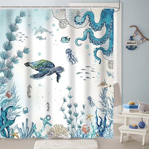 Miniatura 9 de Cortina de ducha extra larga de eucalipto verde de 84 pulgadas, cortinas de ducha de baño con hojas de plantas de acuarela verde azulado, tela