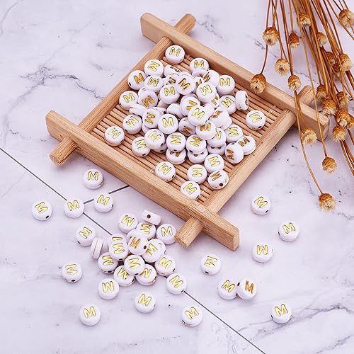 Miniatura 6 de Cheris - 360 cuentas redondas planas del alfabeto con letra M dorada de disco acrílico, monedas, poni, espaciadores de cuentas para joyería, pulsera