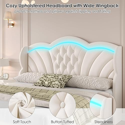 Miniatura 8 de Keyluv Marco de cama Queen con luces LED y 2 cajones de almacenamiento, plataforma tapizada de terciopelo con cabecera alta en forma de arco de 47