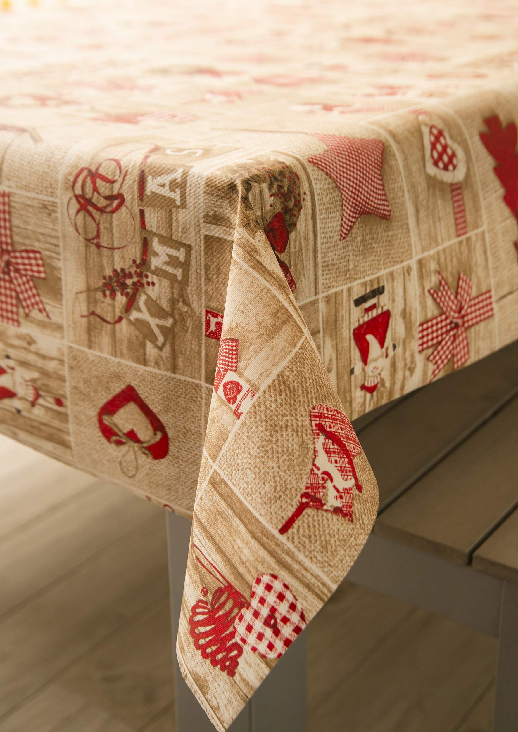 Mantel Tela Resinada Antimanchas Estampado Navidad Beige y Rojo Patchwork (140_x_400_cm )