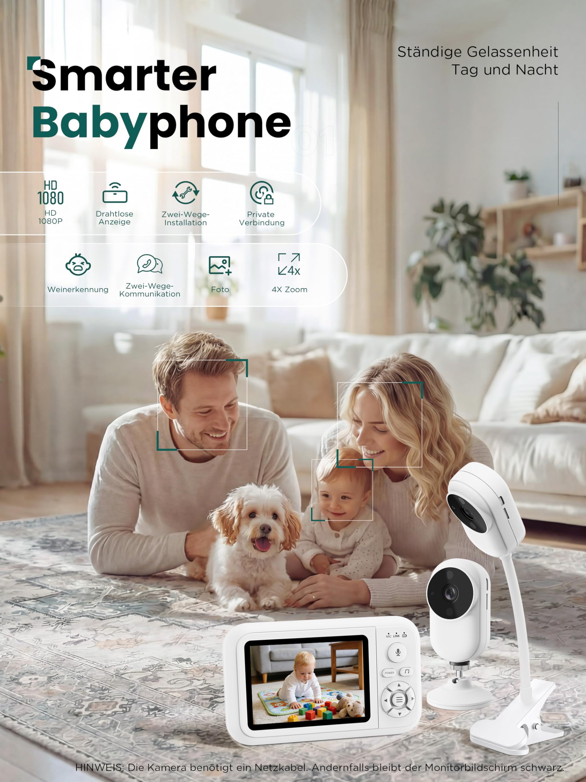 Babyphone mit Kamera & Halterung inkl. Bettclip, HD Video Baby Monitor Ohne WLAN, Nachtsicht, Zwei-Wege-Audio, VOX-Modus, Temperatursensor, Schlaflieder, 3,5" Babyfon für Erstausstattung Neugeborene