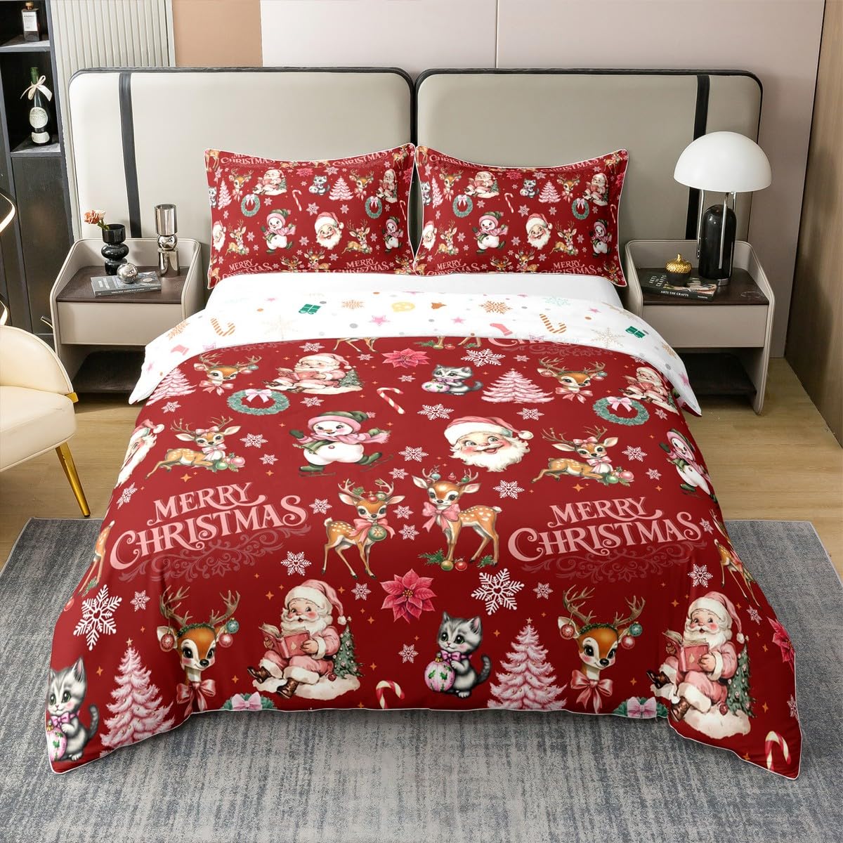Homewish Czerwona choinka super king zestaw pościeli Święty Mikołaj, jeleń, bałwan, bawełna, poszewka na kołdrę dla dzieci, dziewcząt, chłopców, zimowa poszewka na kołdrę, urocze różowe kokardki