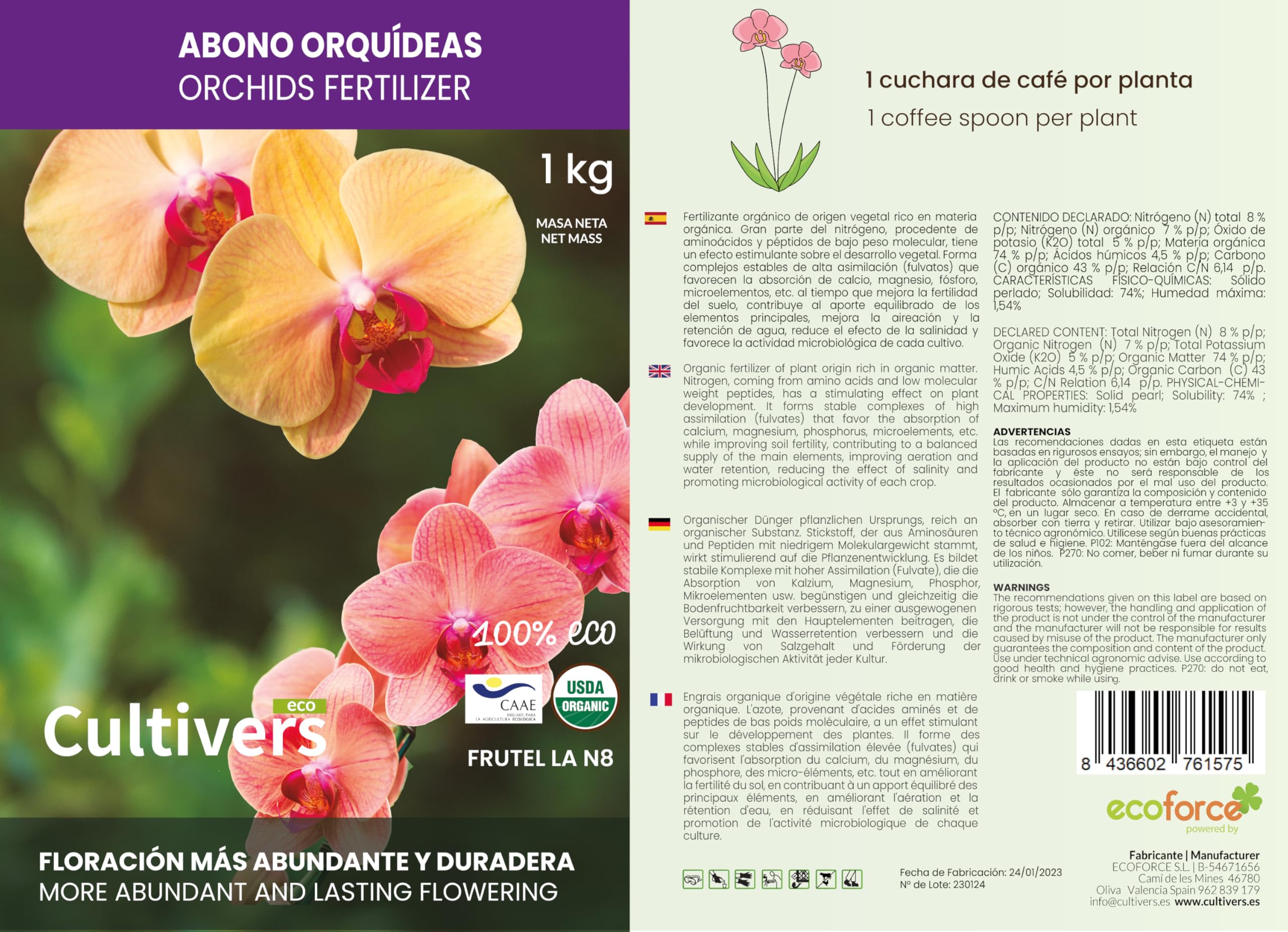 CULTIVERS Abono Orquídeas Ecológico 2x1kg. Fertilizante de Origen 100% Orgánico y Vegano Granulado. Potencia el Crecimiento y Estimula la Floración