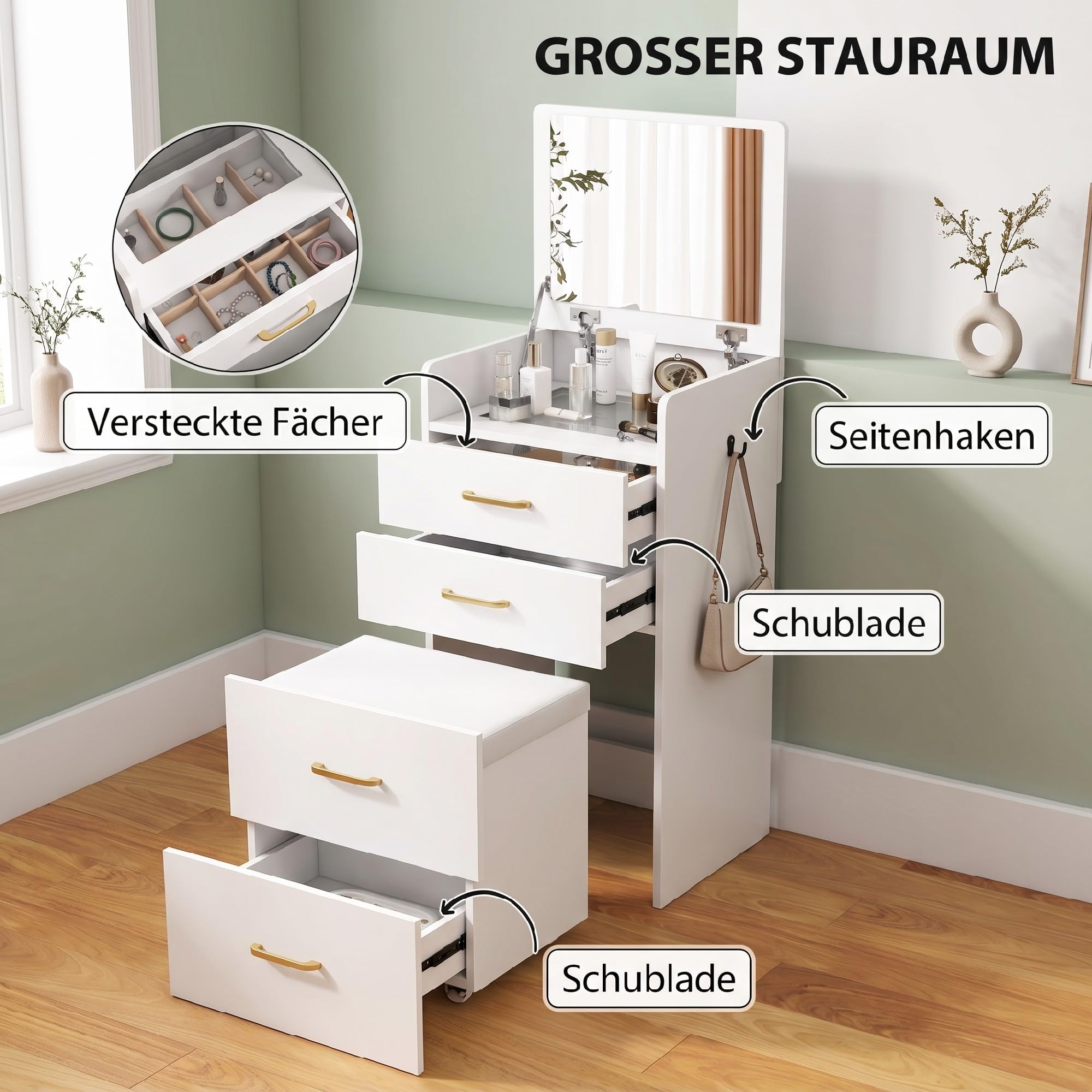 HOMCOM 3 in 1 Schminktisch mit Rollhocker Kosmetiktisch Klappspiegel Weiß
