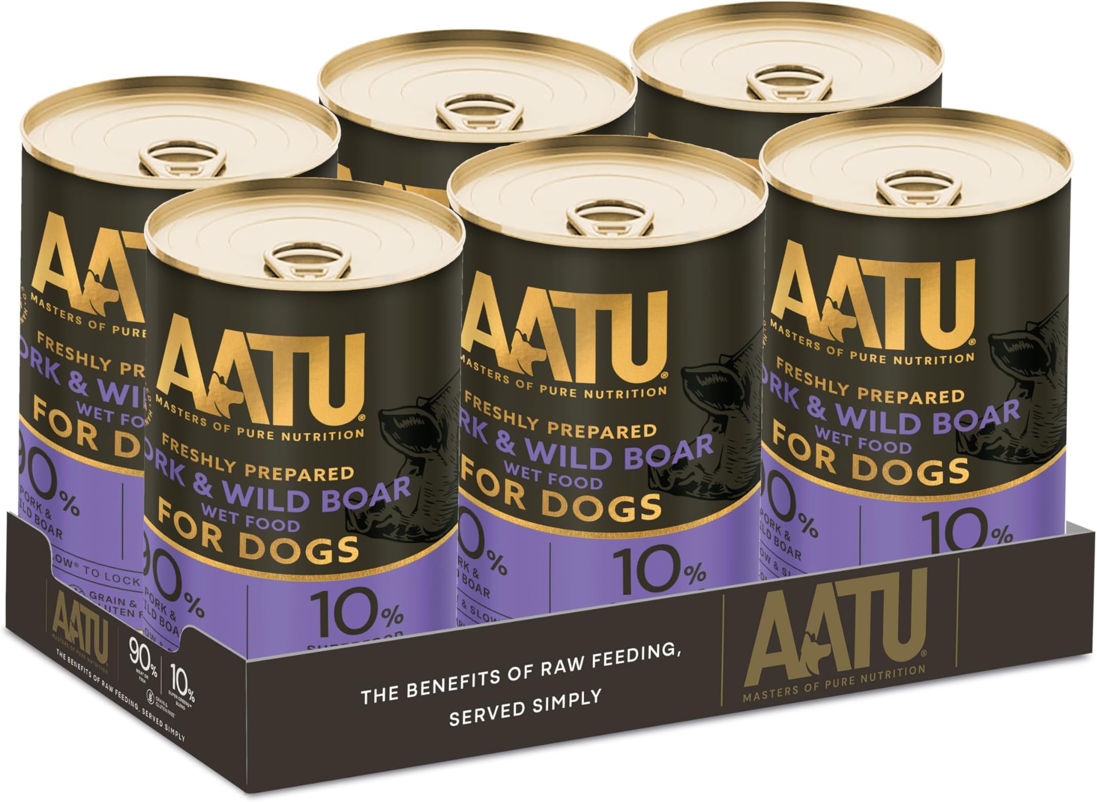90/10 Wet Dog Food in a Tin - Pork & Wild Boar (6x400g) - Grain Free Recipe - No Artificial Ingredients - Good for Low Maintenance Feeding. (Packaging may vary).