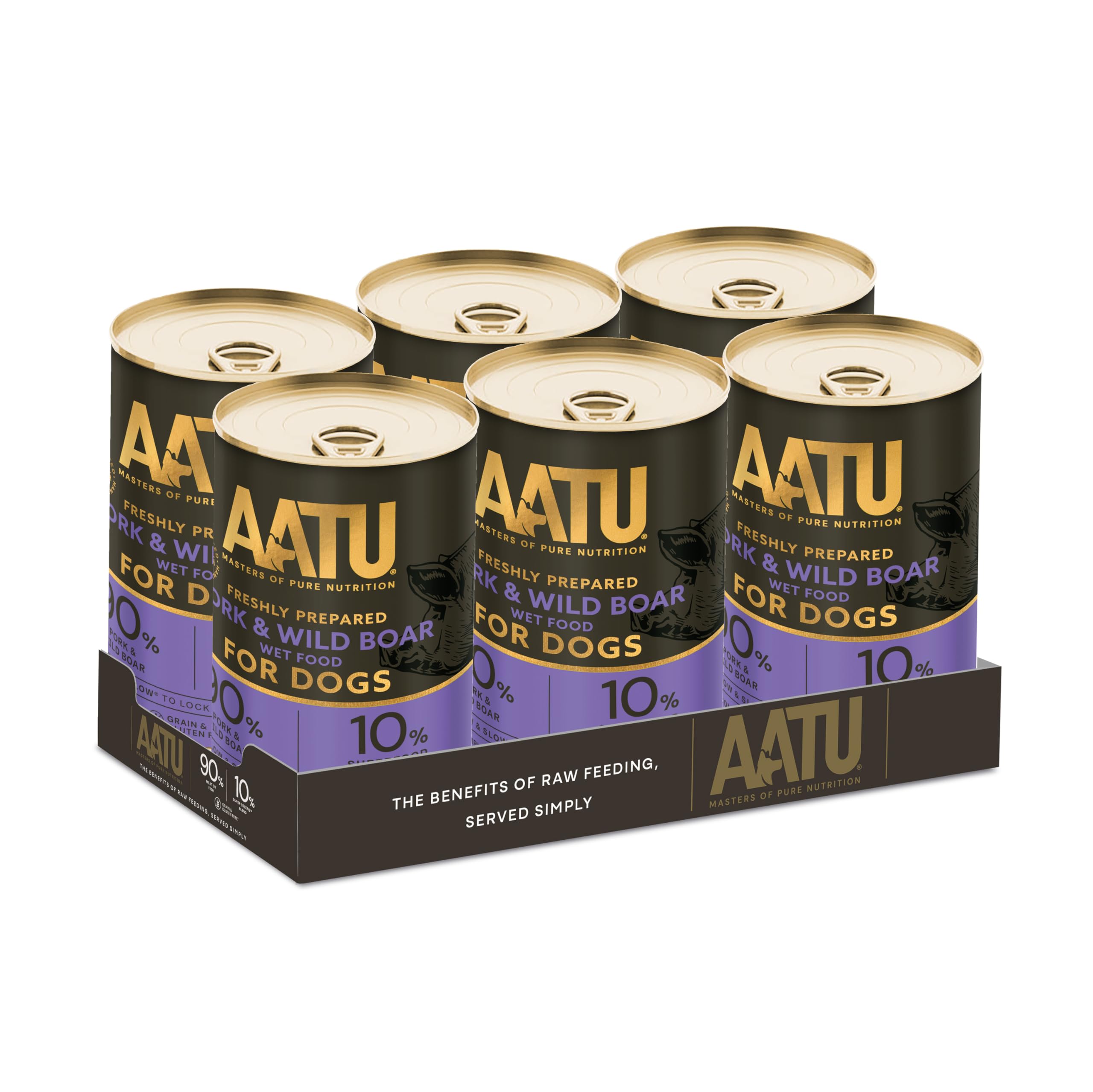 AATU 90/10 Premium Wet Adult Dog Food, Pork & Wild Boar, 6x400g Tins