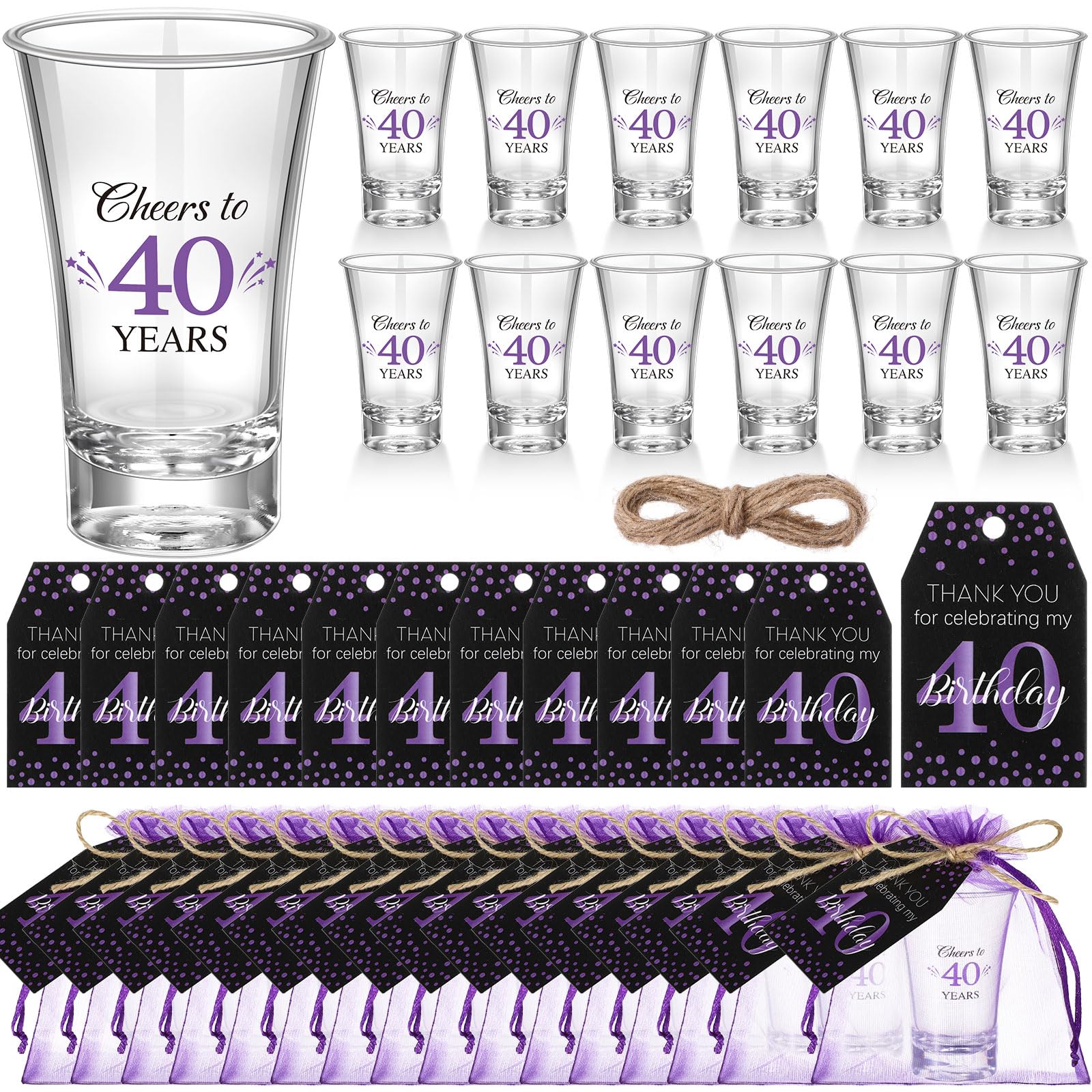 Pickmesh 50 Sets Black Purple Birthday Party Favors for Guests Souvenir Multicolor 40 Years Old Gift Bulk Acrylic Clear 1.2oz Shot Glasses with Thank