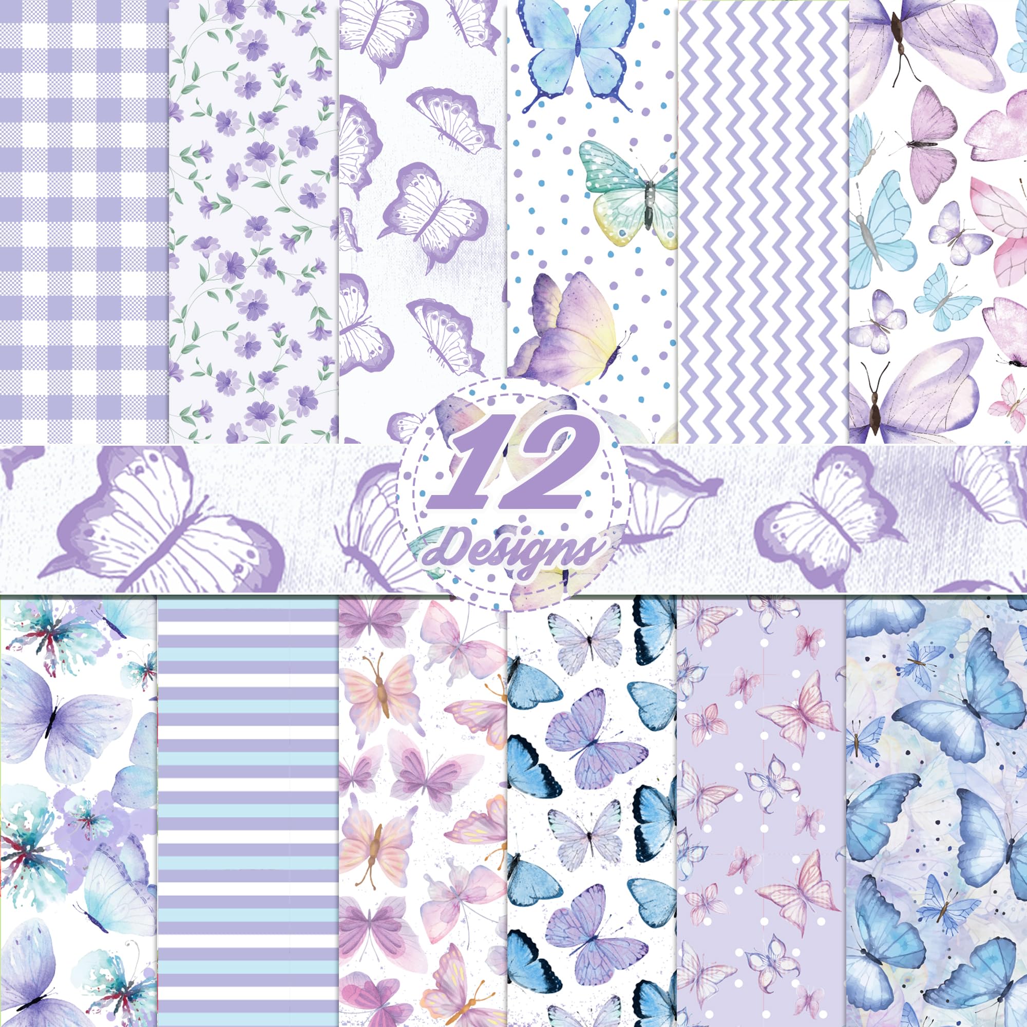 24 Sheets Watercolor Butterfly Scrapbook Paper 12'' x 12'' Purple Butterfly Pattern Pad Vintage Butterflies Double-Sided Cardstock Designer Paper for