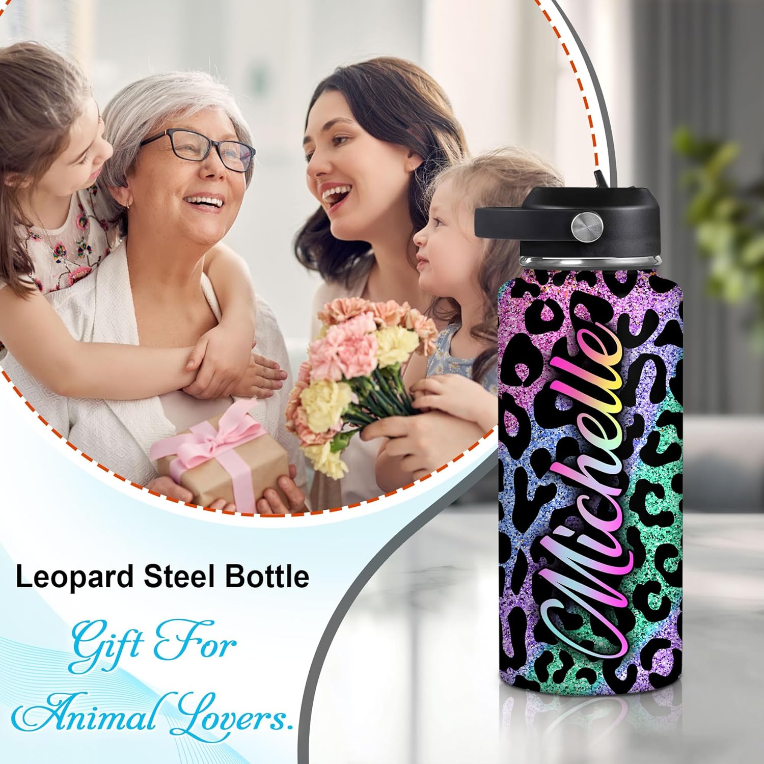 Hyturtle Personalized Leopard Water Bottle - Insulated Stainless Steel Bottle with Leak-Proof Lid 18oz 32oz - Leopard Print Gift for Women, Girls, Animal Lovers - Birthday & Christmas Gift