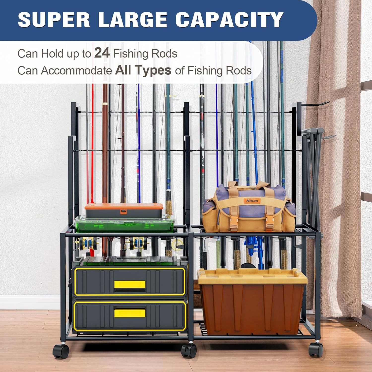 Miratino Fishing Rod Holders for Garage, 24 Rods Large-Capacity Fishing Pole Holders, Fishing Rod Tackle Organizer for Garage Home