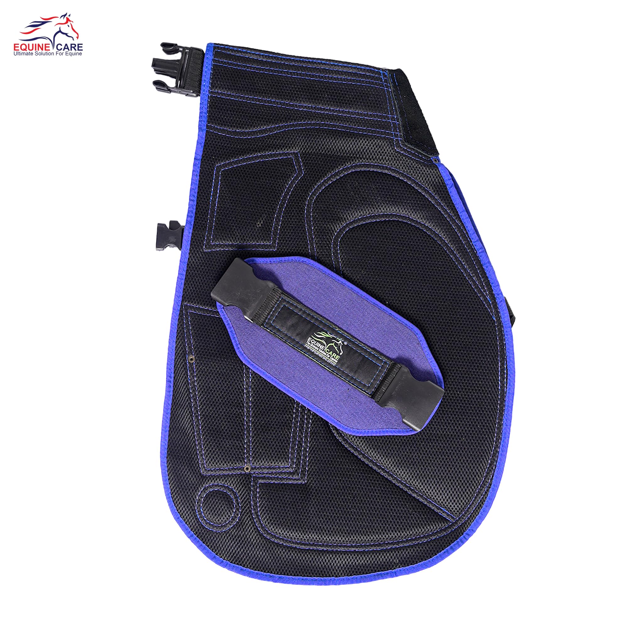 Equine Care Grembiule, grembiule con 4 tasche per coltelli e 2 calamite per chiodi, in pelle e tela, lunghezza 65 cm, colore: blu e nero