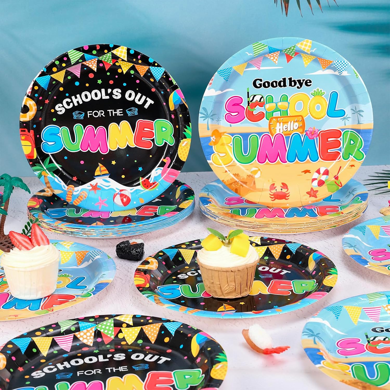 AnyDesign 40Pcs School's Out for The Summer Paper Plates Party Plates 9 Inch Disposable Dessert Salad Plate for End of School Year Graduation Summer Beach Party Supplies image 4