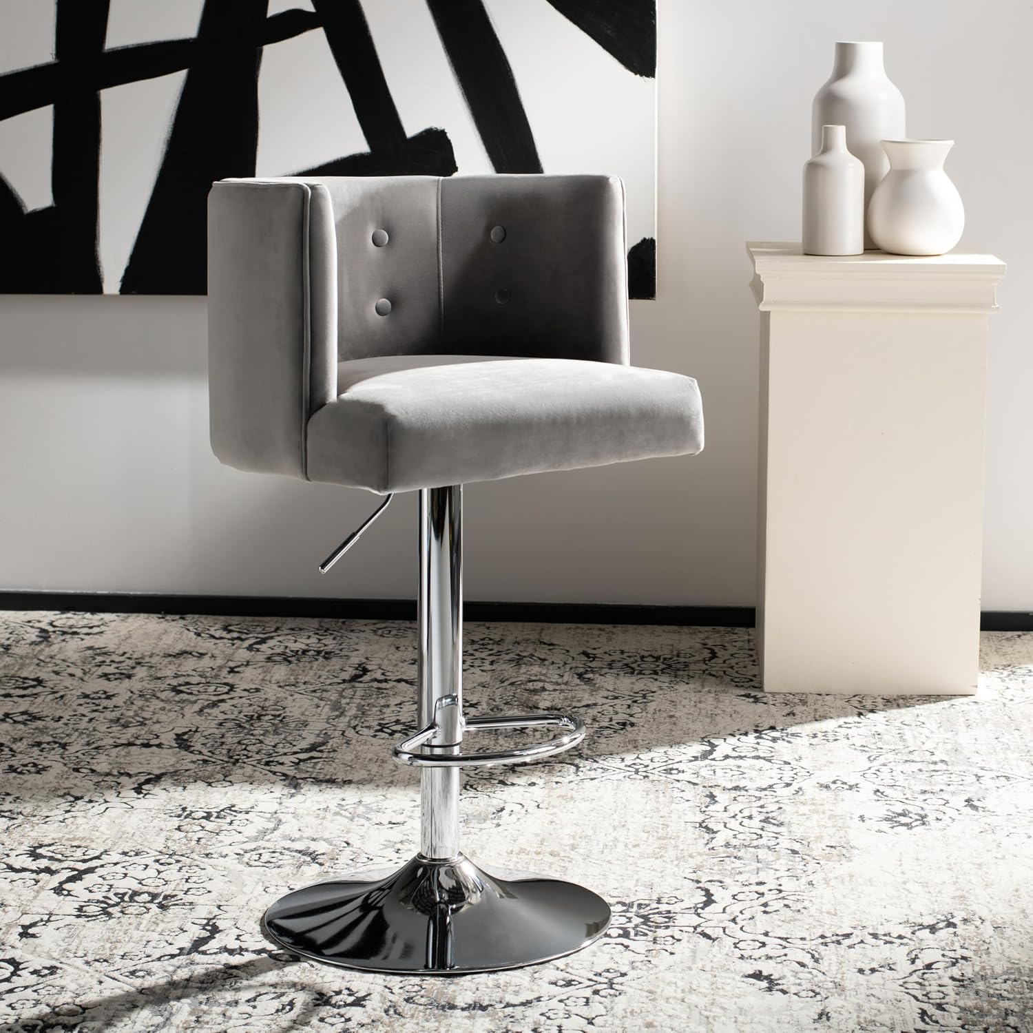 Safavieh Couture Zayna Glam Light Grey Velvet 26.8"-35" Adjustable Bar Stool Barstool, Gray