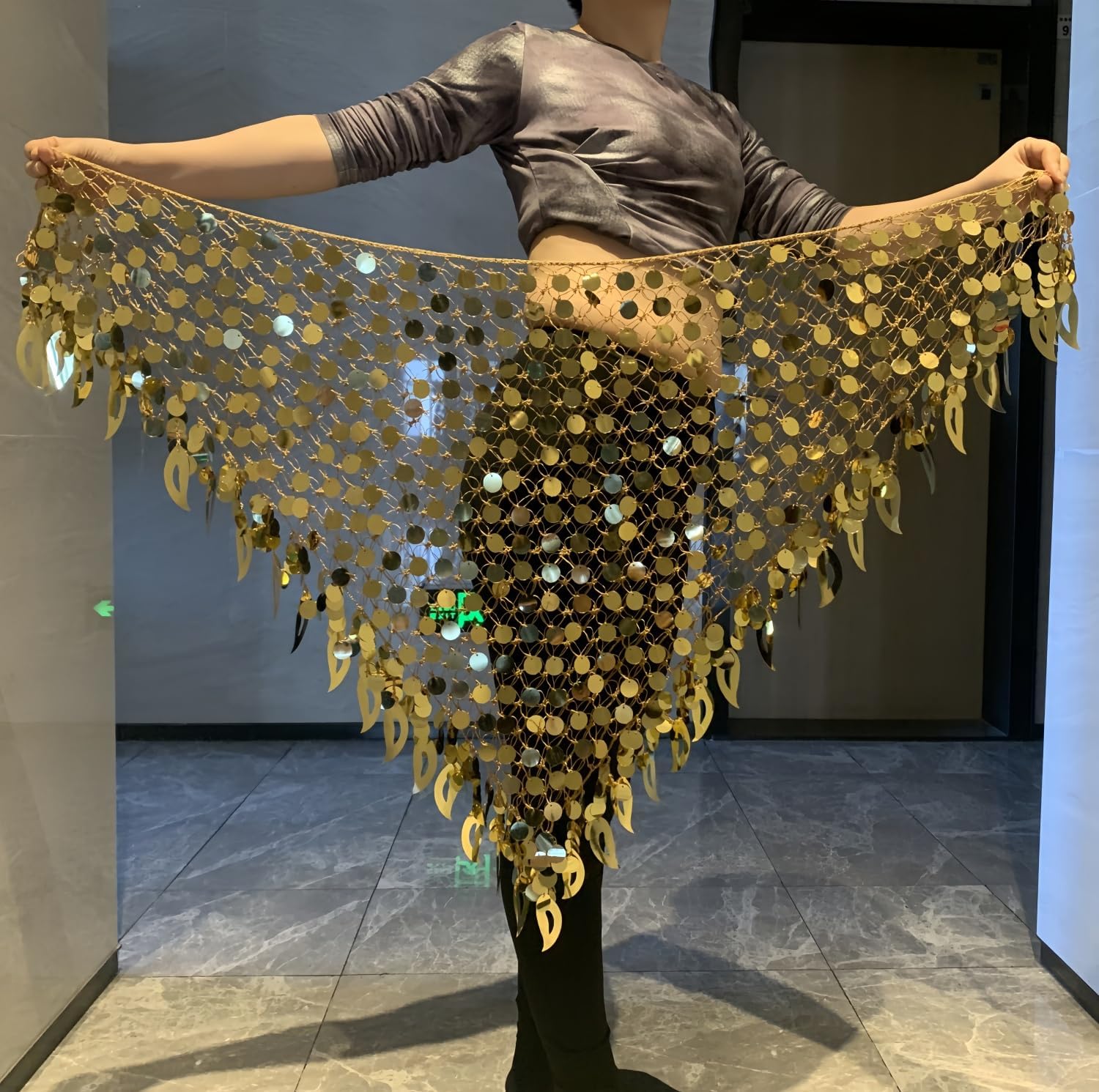 Women Belly Dance Hip Scarf Sequins Mesh Triangle Wrap Skirt Waist Chain - Image 6