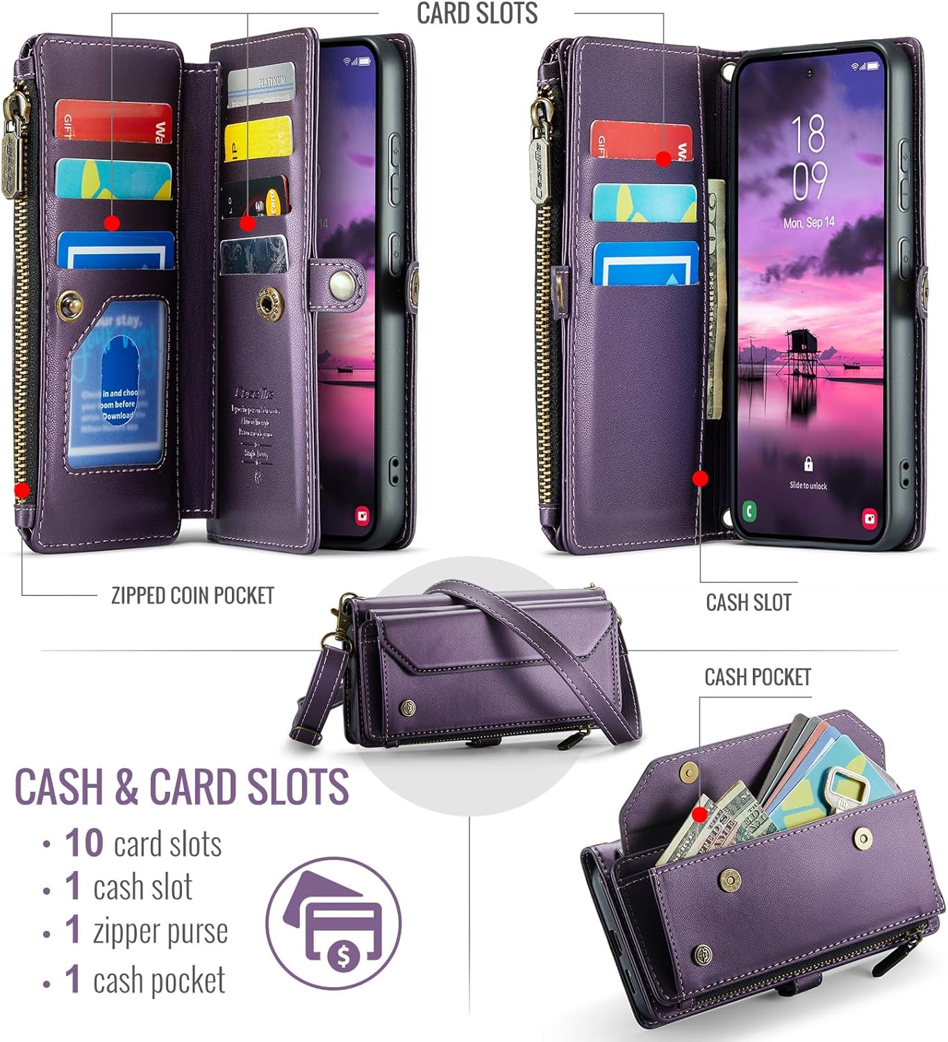 for Samsung Galaxy S26 Plus 6.7" 2026 Case, Women Men Multi-Function Wallet Case with Stand RFID Blocking Featuring Magnetic Closure Zipper Includes Shoulder Strap Wrist Strap S26+ (Purple)