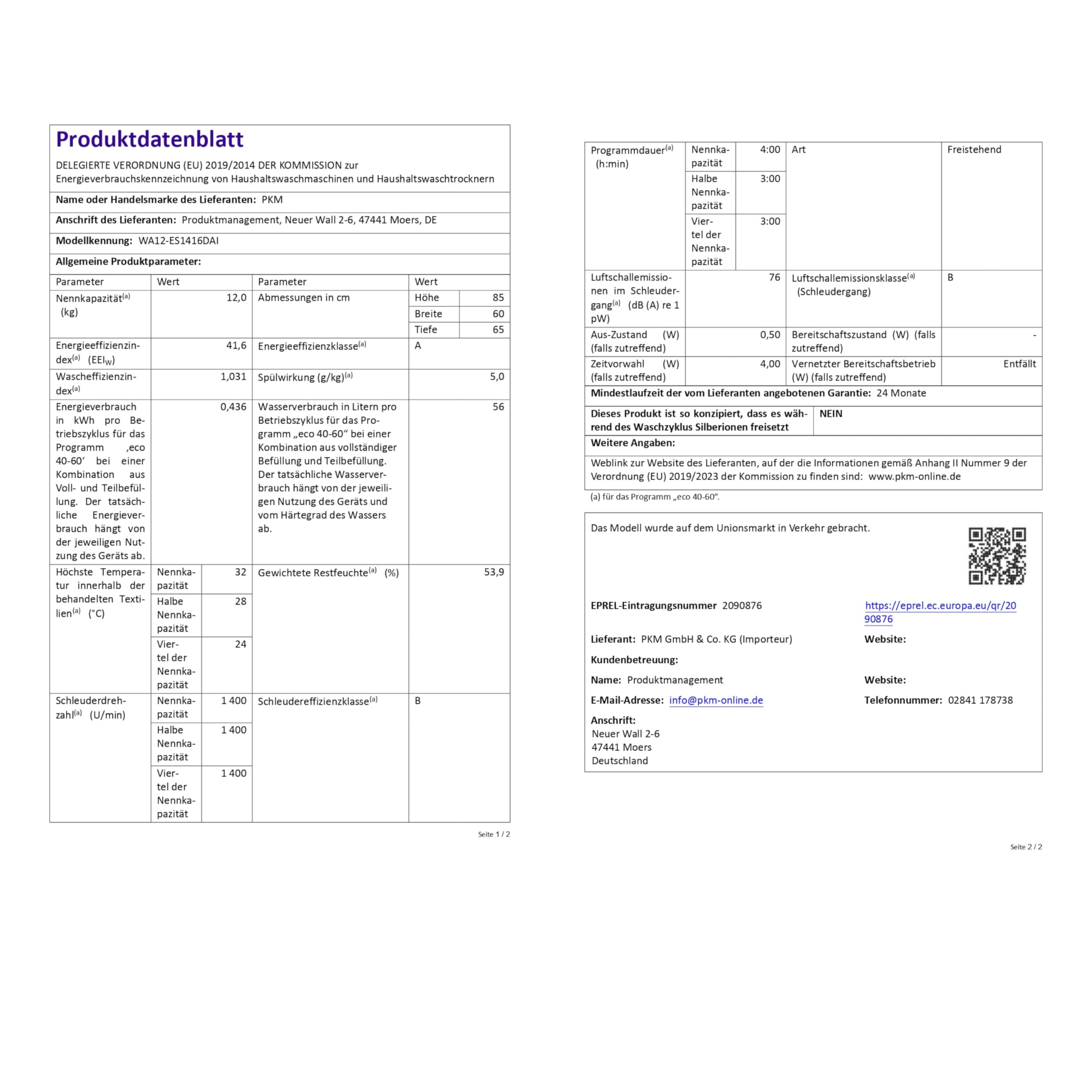 PKM Waschvollautomat WA12-ES1416DAI | Fassungsvermögen 12 kg | 16 Programme