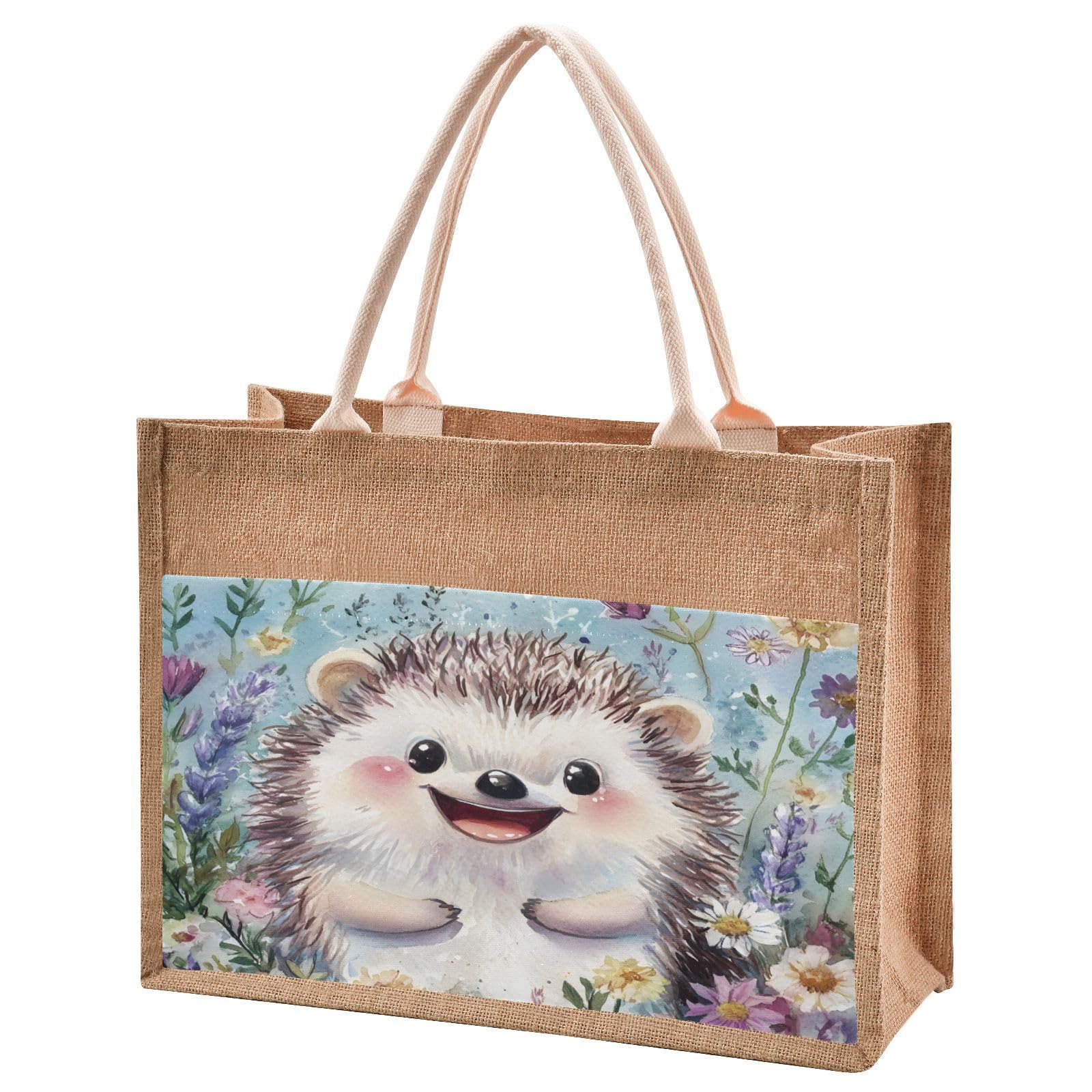 Mnsruu Burlap Jute Tote Bag Happy Hedgehog Flower Reusable Grocery Shopping Bag Beach Tote Bag for Women Girls Bridesmaid Wedding School 25x25x18cm