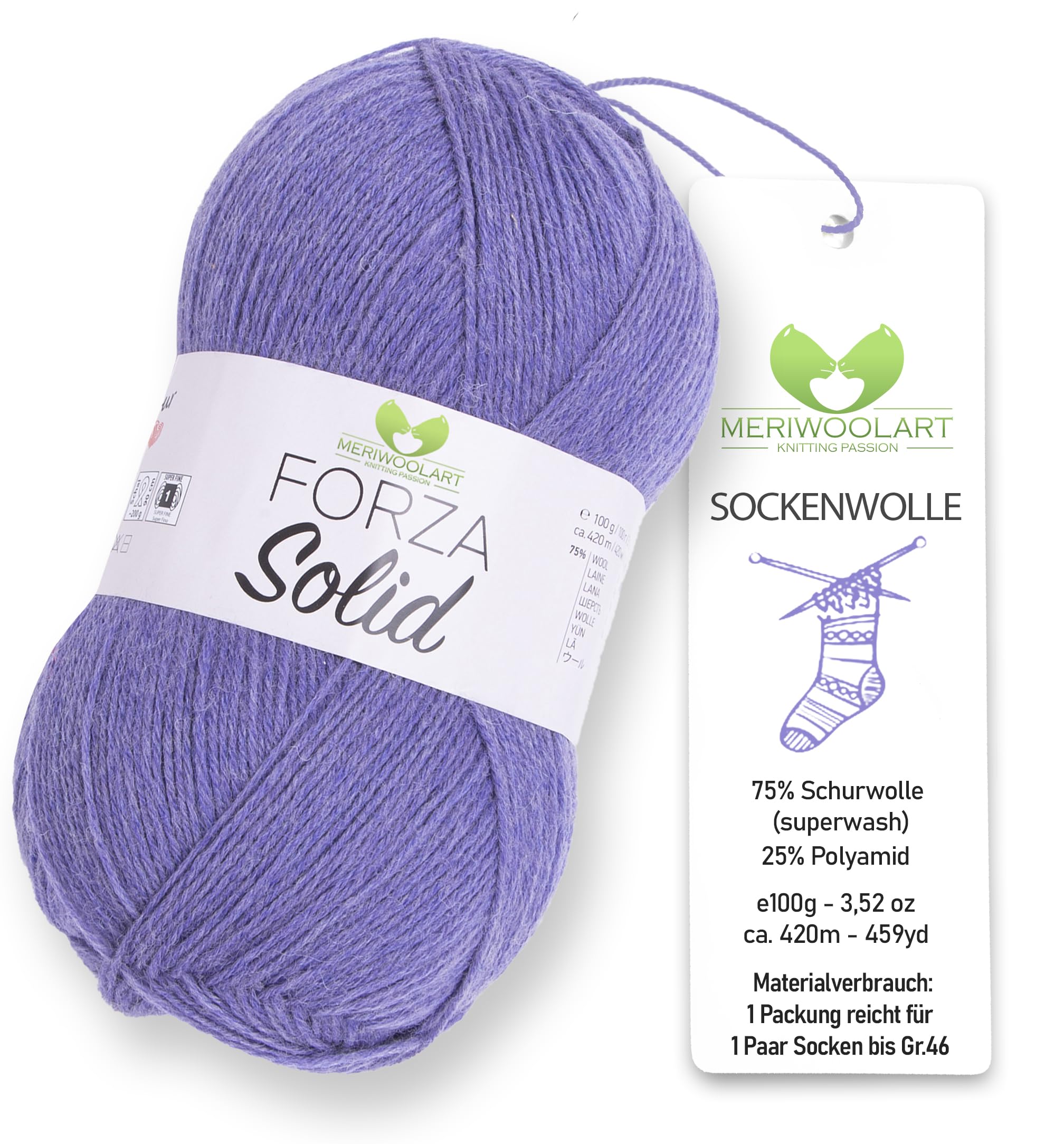 MeriWoolArt Sock Yarn, 75% Virgin Wool Superwash, 100g/420m, Purple, 4-Ply for Socks and Sweaters (Lavender-4616)