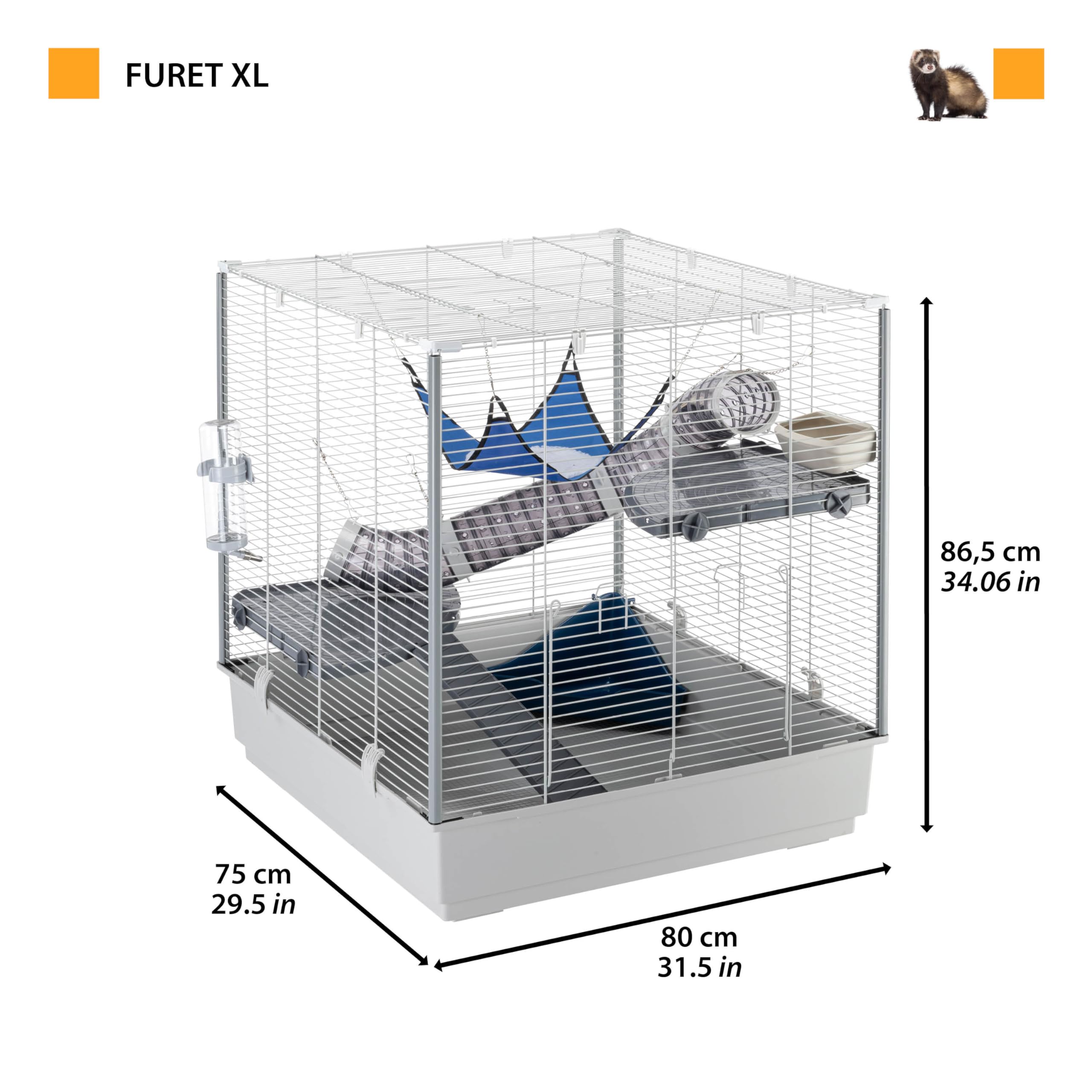 Ferplast Jaula grande para hurones FURET XL, Tres niveles con accesorios, hamaca y tubos para hurones, Estructura de alambre pintado Gris con columnas y cubeta de plástico, 80 x 75 x h 86,5 cm