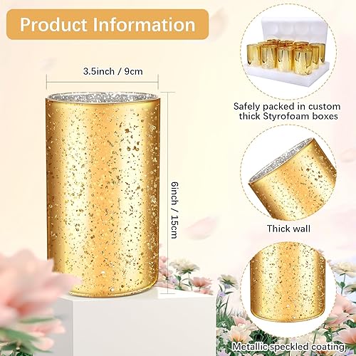 Miniatura 2 de Sunnyray 12 piezas de jarrón cilíndrico dorado moteado de vidrio de mercurio, portavelas votivas doradas, centro de mesa de boda, centro de mesa de
