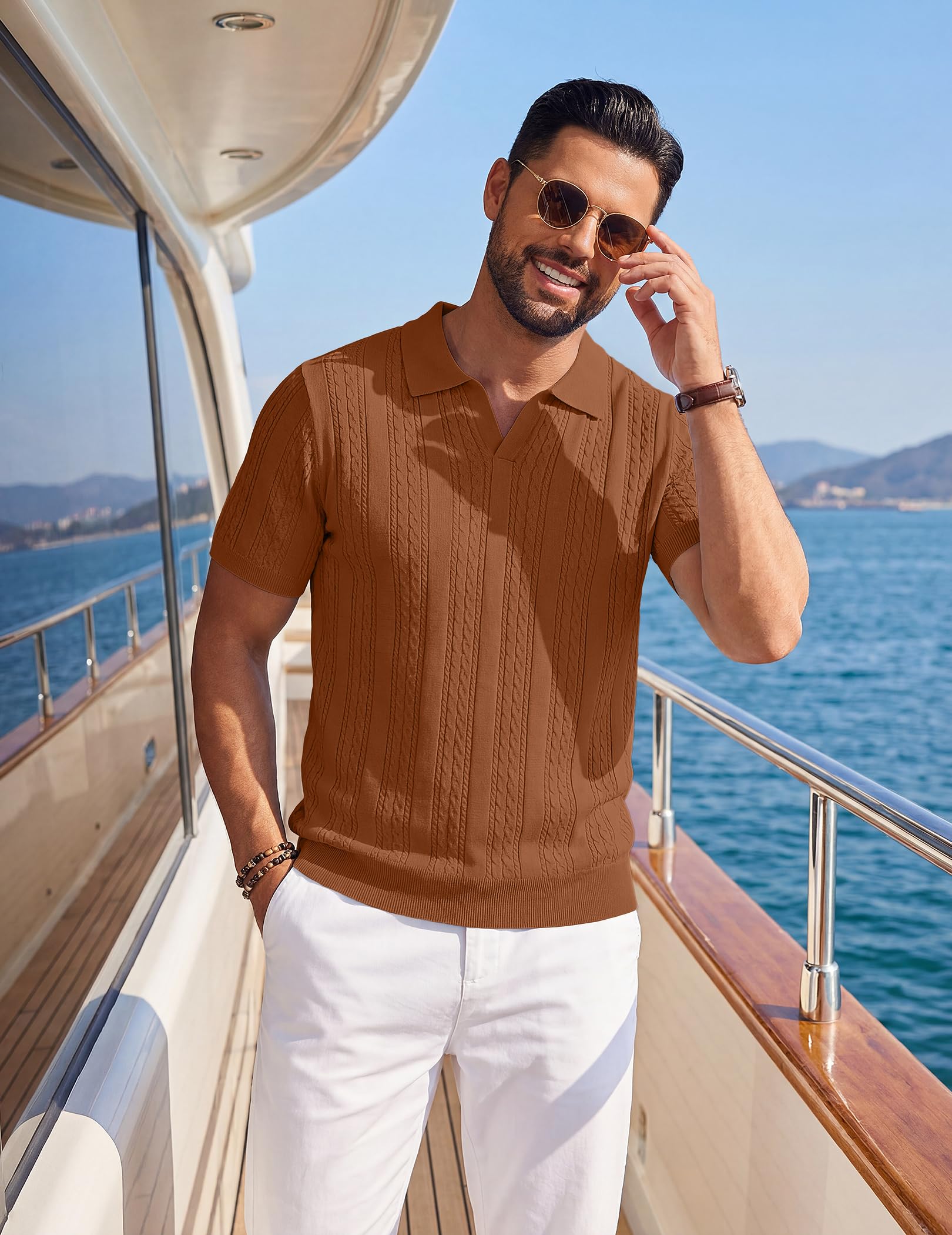 Coofandy Polo en Tricot pour Homme à Manches Courtes avec col en V Polo léger d'été décontracté texturé