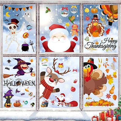 451 piezas de Halloween Acción de Gracias Navidad para ventana, 15 hojas de decoración de ventana de doble cara, decoración de ventana de Navidad