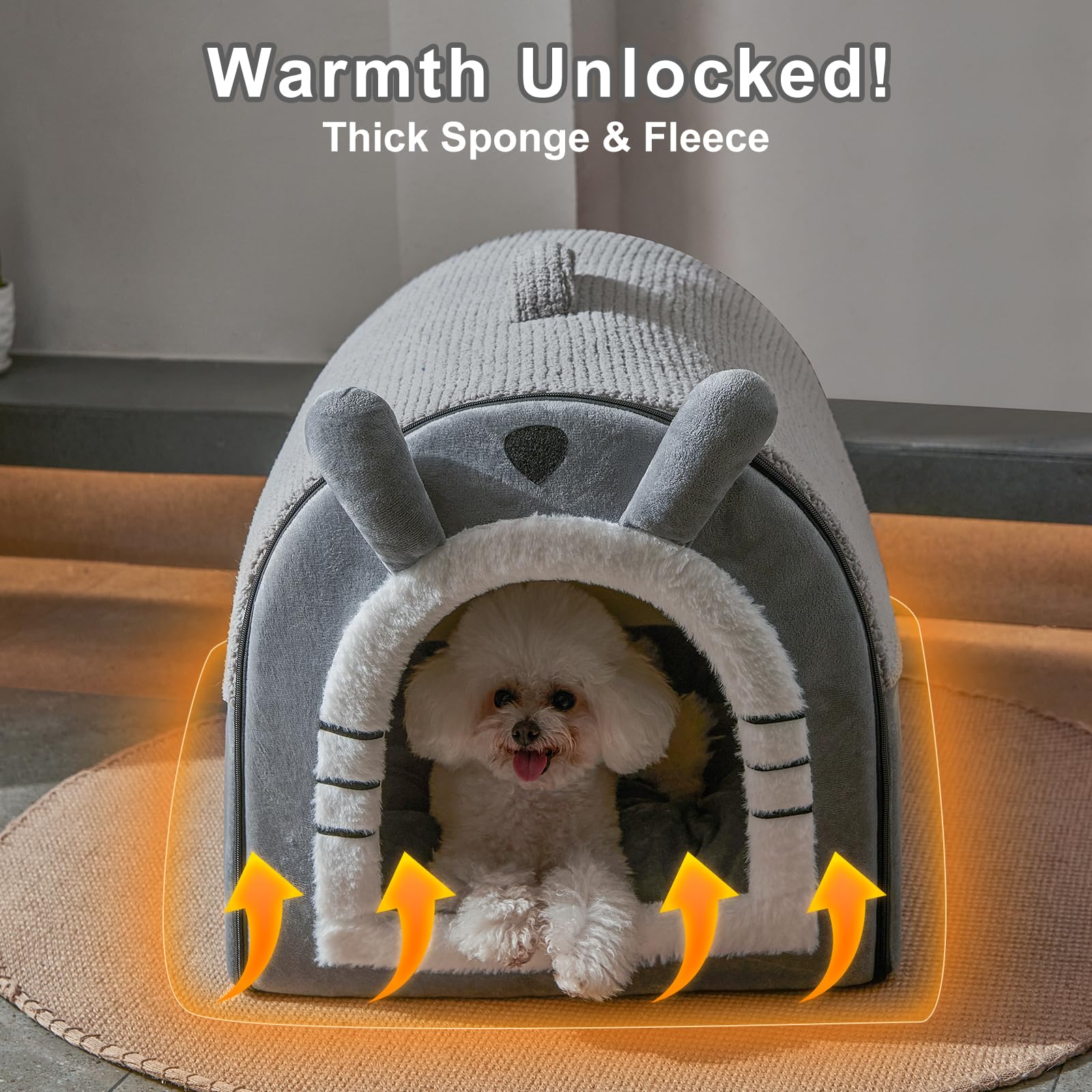 Jiupety Hundehöhle Mittelgroße Hunde mit Vorhängen, Tragbare Hundehütte Innen mit Tragegriff, Größe L Hundehaus Indoor für Kleine und Mittelgroße Hunde, Waschbare Polsterung, Grau