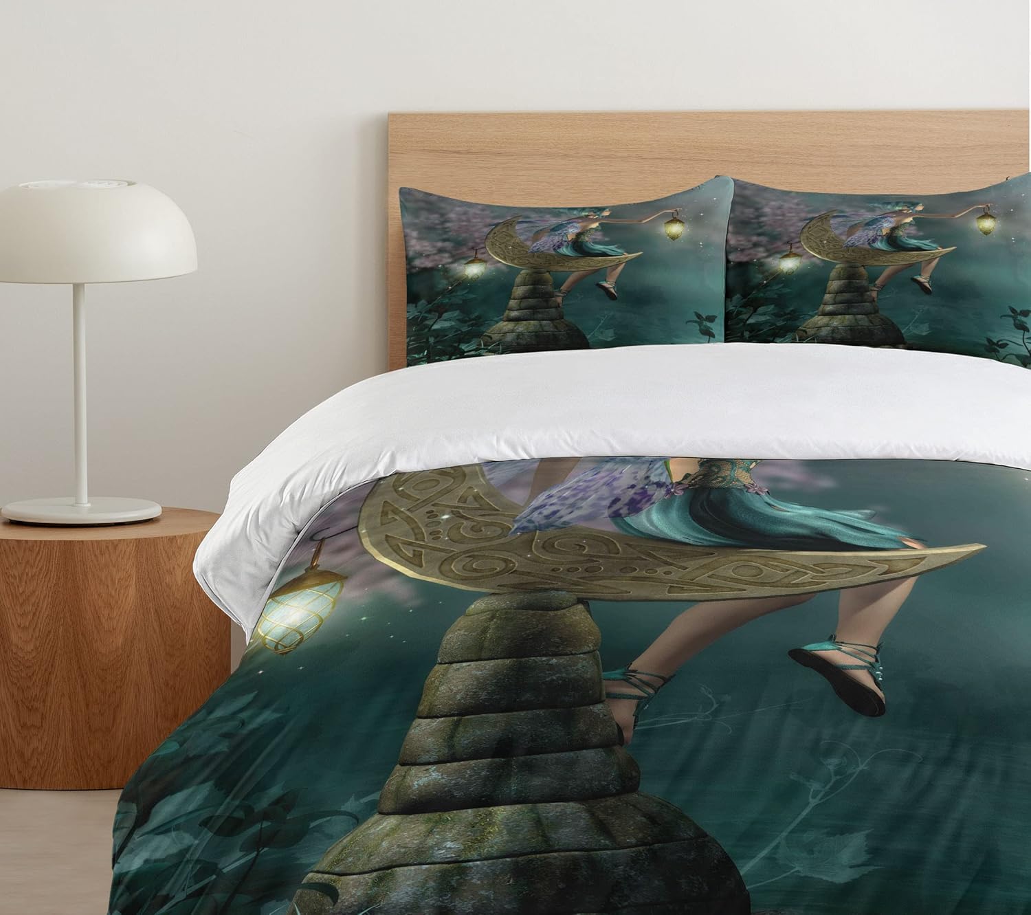 Ambesonne Fantasy Duvet Cover Set, Little Pixie Elf Forest Woodland Sitting Moon Stone Myth Illustration Art, Decorative 3 Piece Bedding Set with 2 Pillow Shams, Queen Size, Yellow Lilac Teal Queen Yellow Lilac Teal