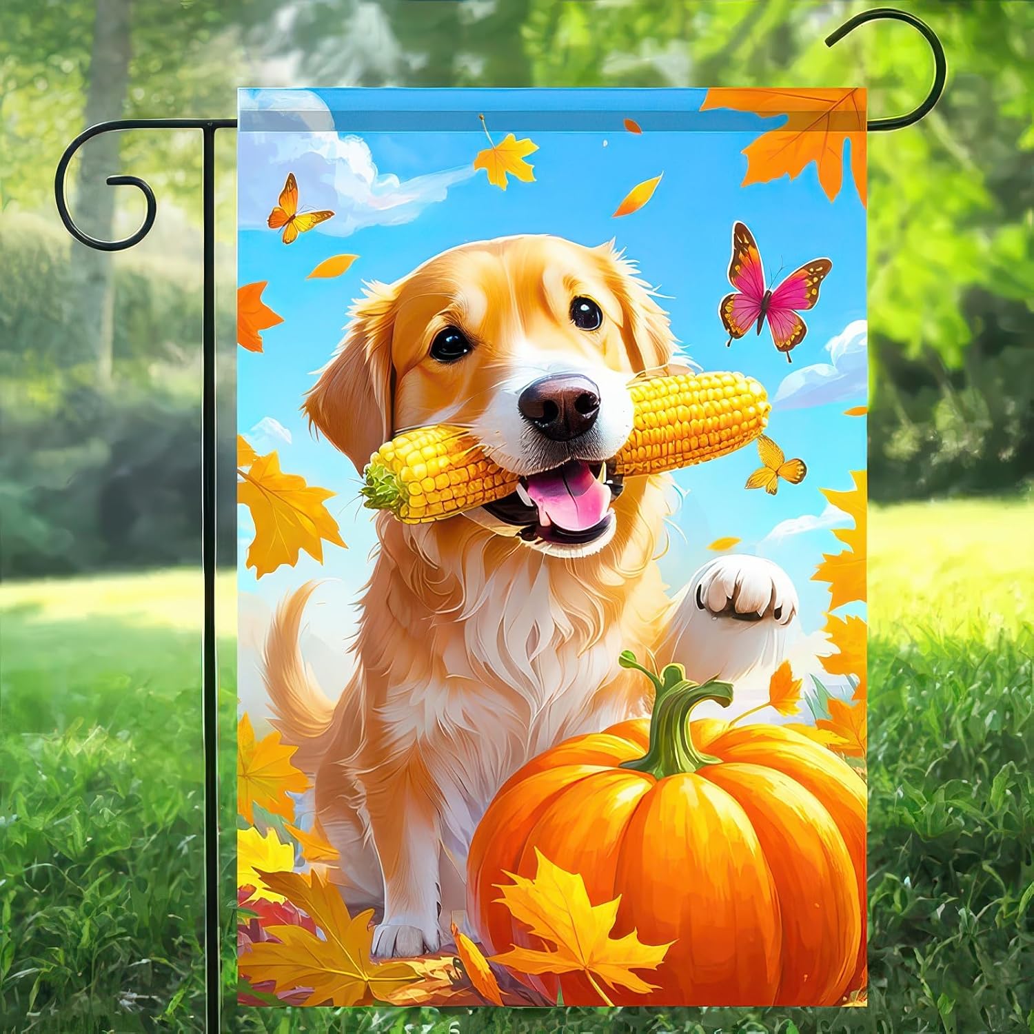 Thanksgiving Fall Garden Flag 12x18 Inch Welcome Golden Retriever Outdoor Flag Double Sided Autumn Yard Banner with Red Birds Leaves for Porch Lawn Patio Seasonal Decor - Image 4