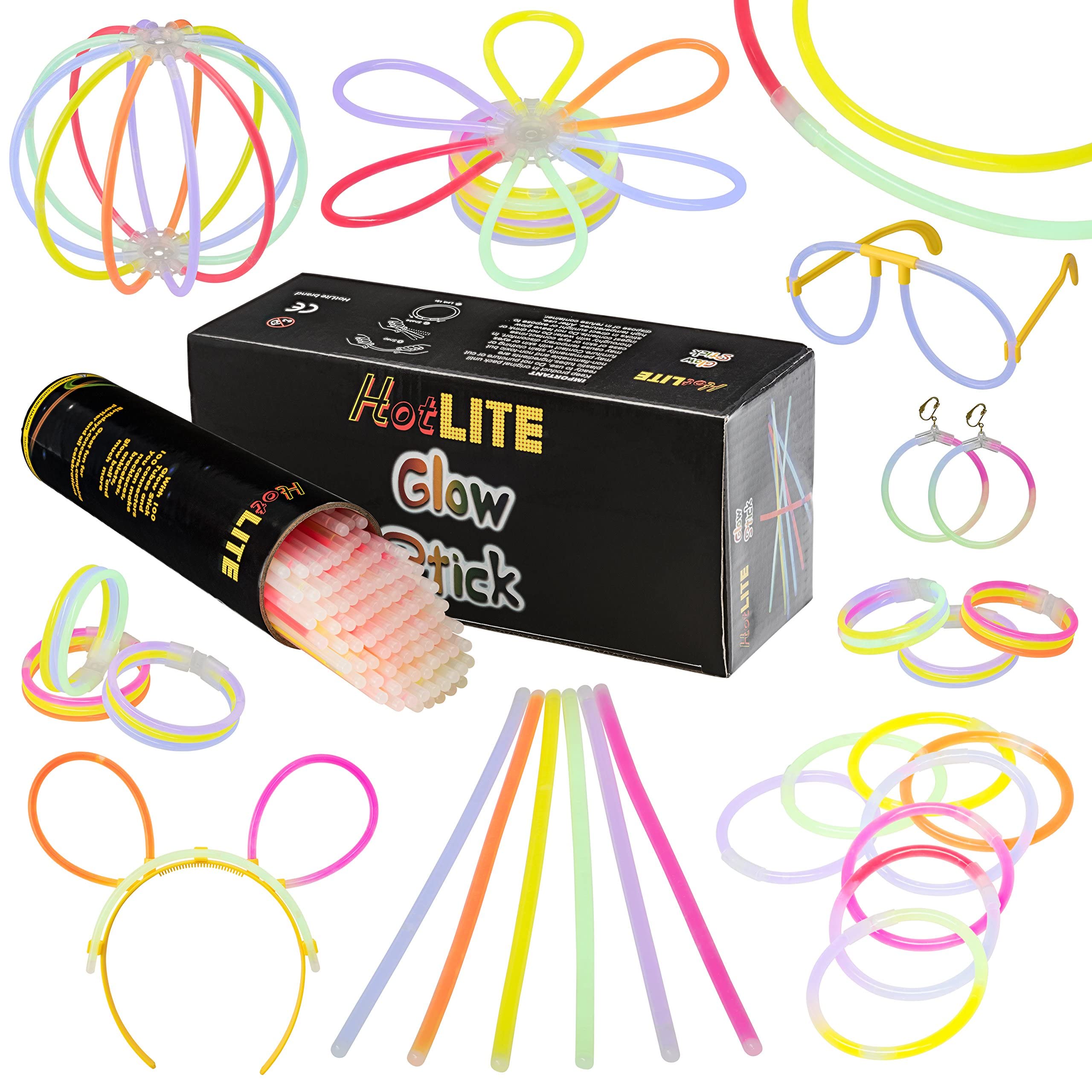 HOTLITE100 Glow Stick Party Pack- 8" Premium bracelets, necklaces, kits to create glasses, triple bracelets, a headband, earrings, flowers, a glow ball & more!